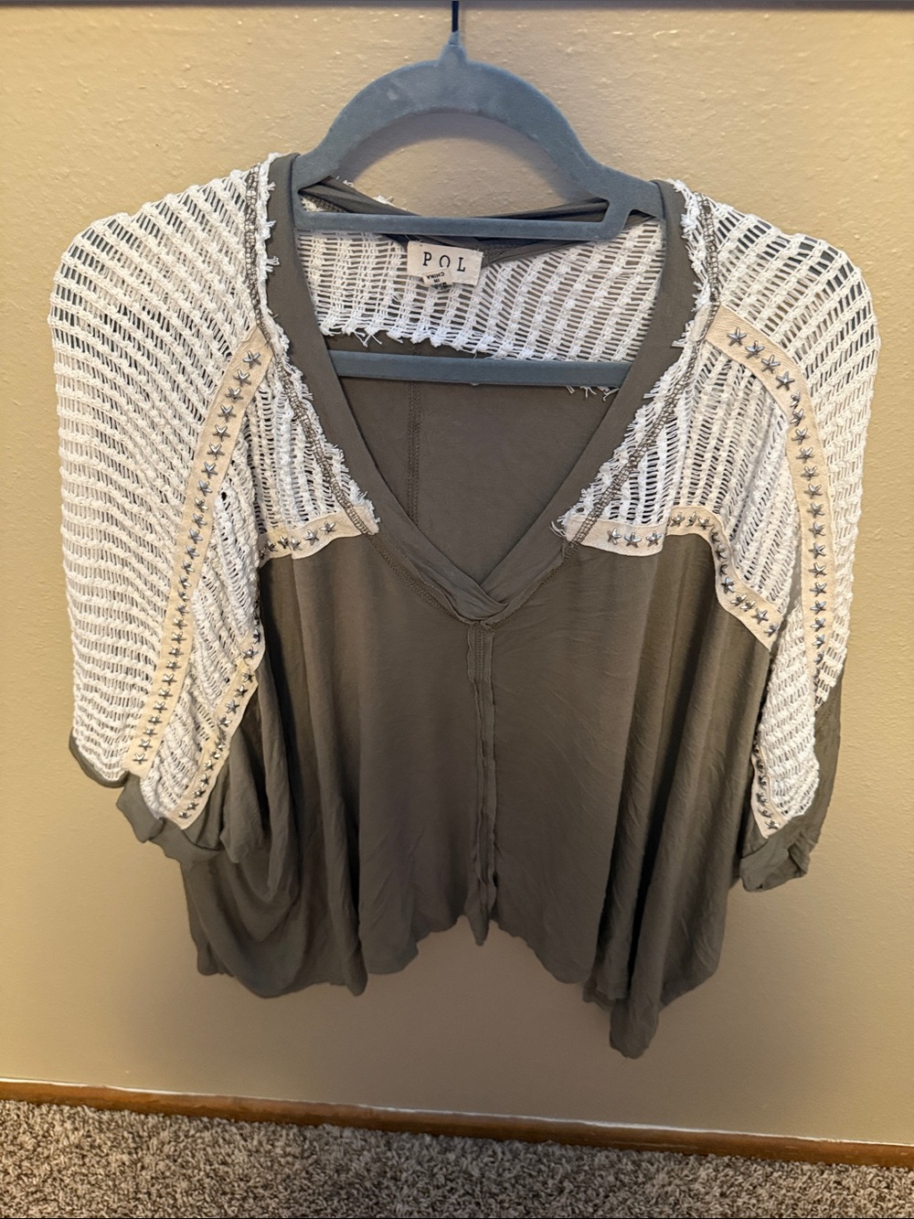 POL Olive V-Neck Top with Cream Open-Knit Sleeves